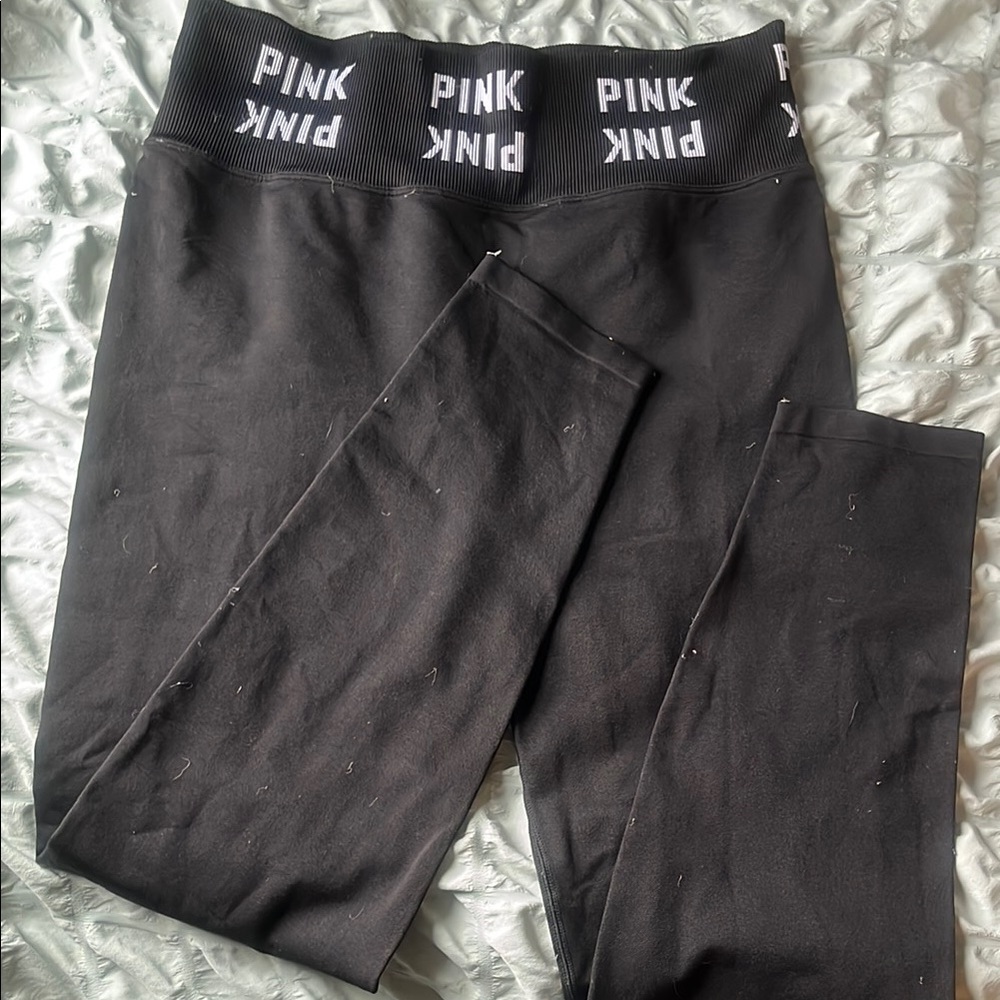 Black Leggings with Pink Logo Waistband